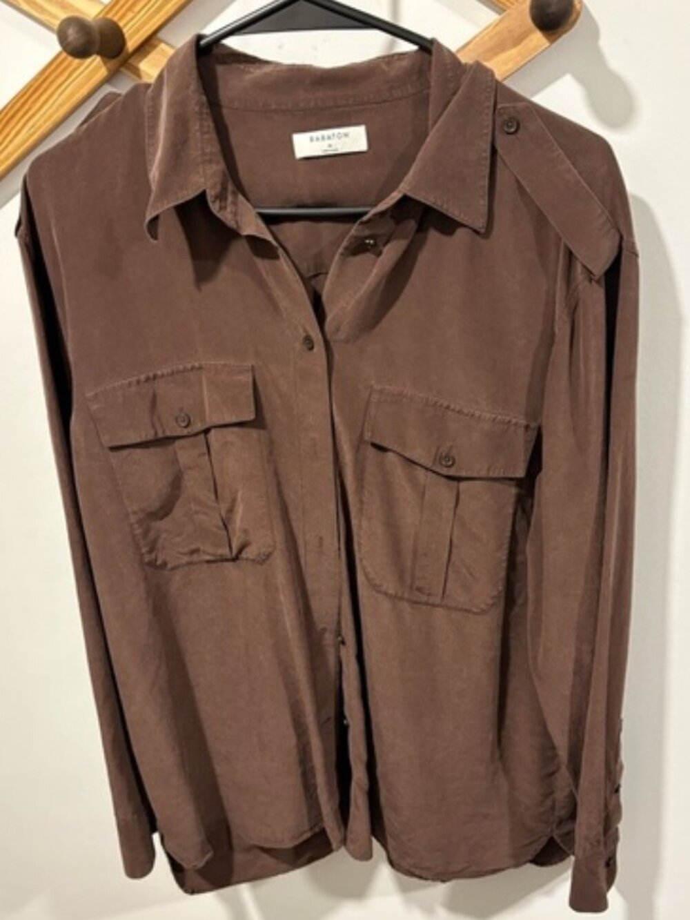 Babaton Aritzia Claudel Silk Blend Button Down Shirt Brown Medium Epaulettes